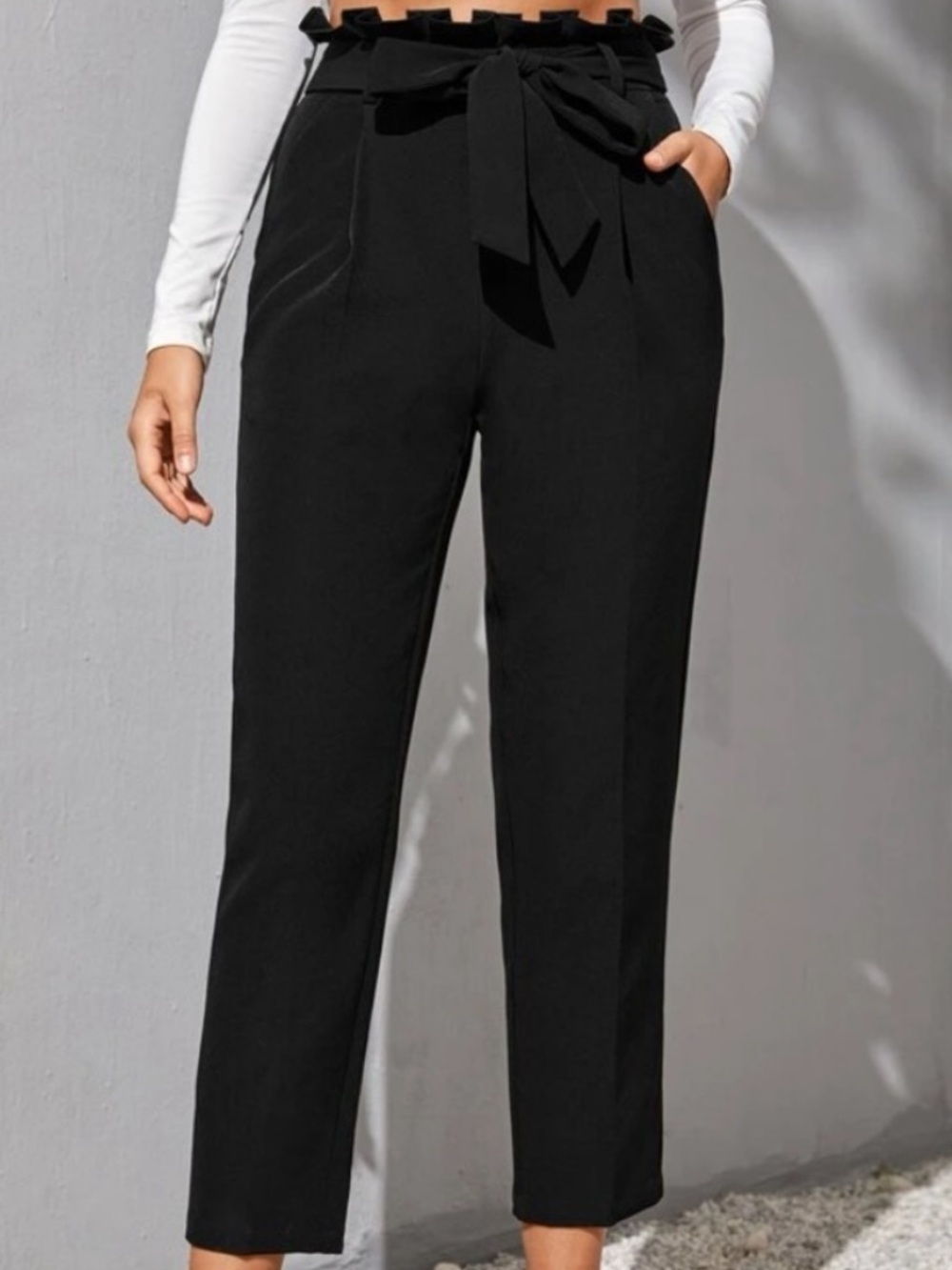 Classic High-Waist Black Paperbag Trousers with Tie Belt